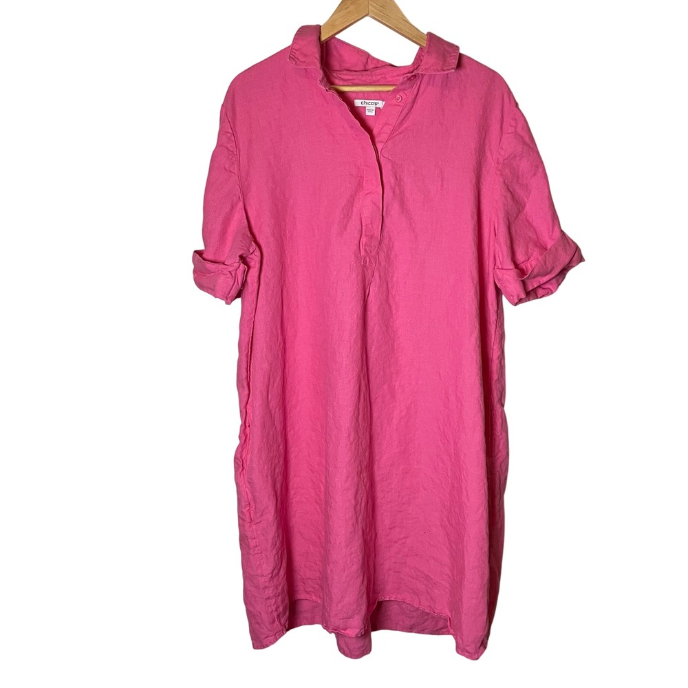 Chicos 100% Linen Popover Dress Size 4 US 20 A Line Pockets Lagenlook Minimalist